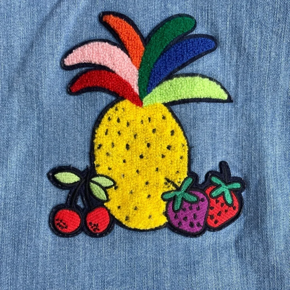 Hanna Anderson Kids Jean Jacket With Colorful Fruit Patches On Front/Back SZ 5